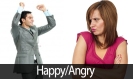 very angry and happy man and woman, successful young guy elated, opposite and polar emotions, life situations, decisions